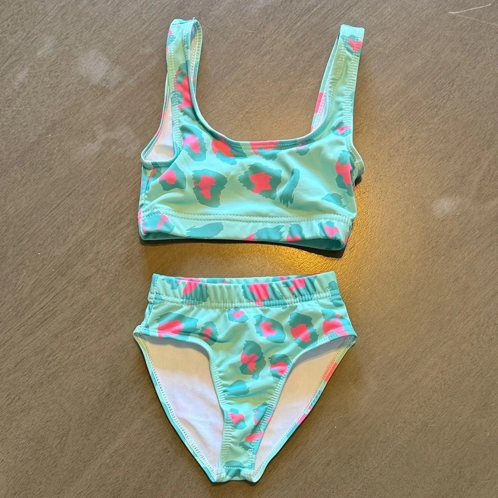 Essentials Girls Aqua and Pink Patterned Two-Piece Swim Bikini
